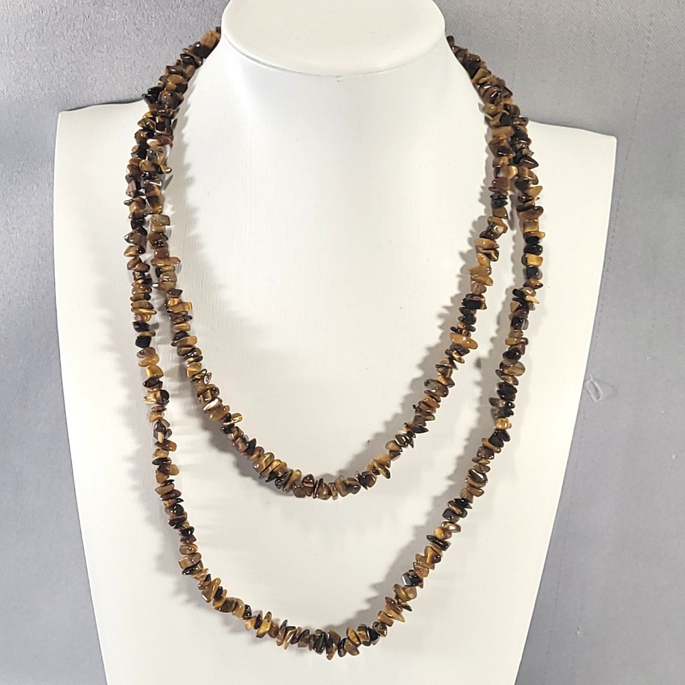Tigers Eye Chip Necklace Women Brown Sterling Silver 925 Clasp Boho Opera
